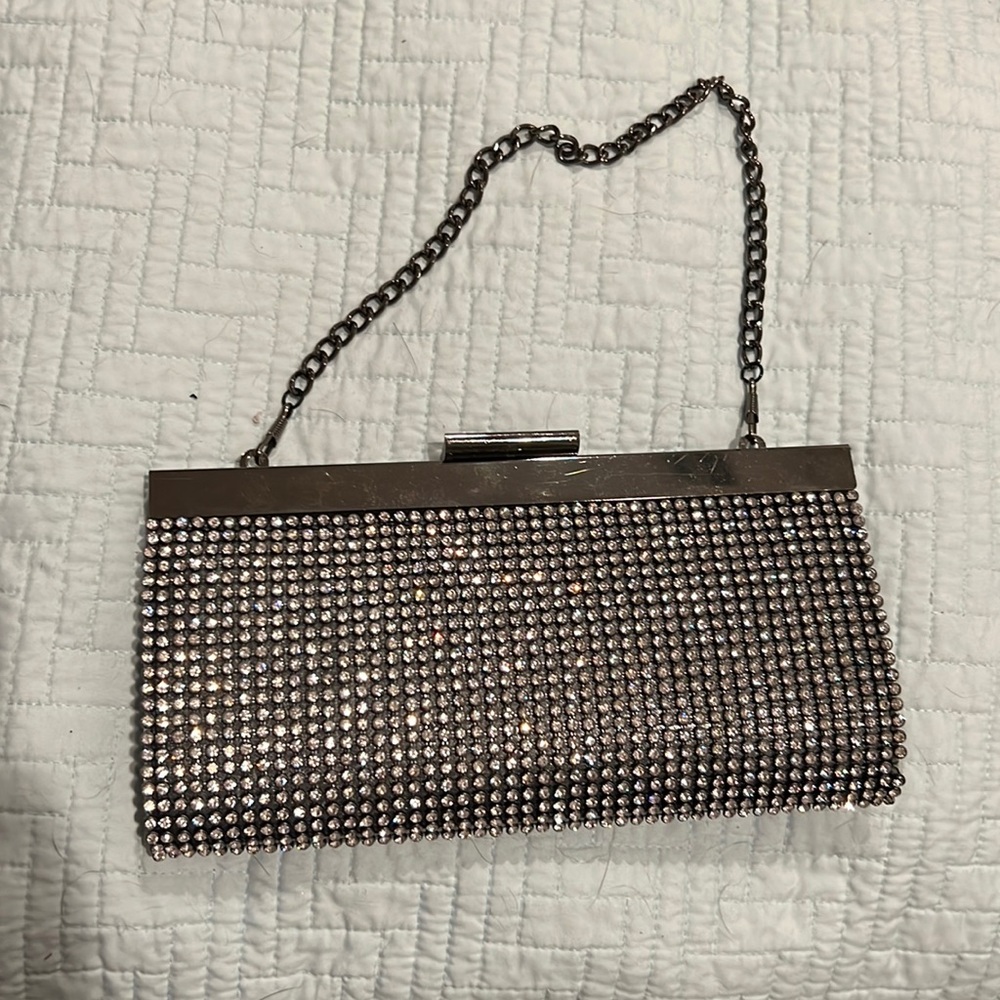 Crystal embellished evening bag with black satin back and short black chain